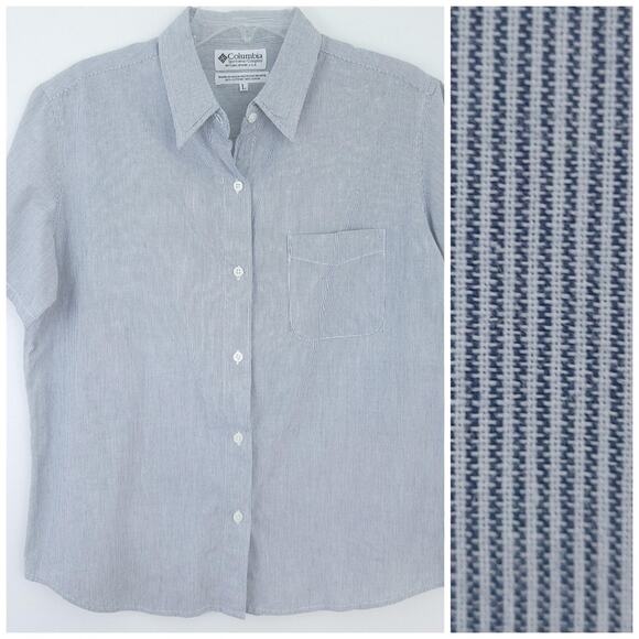 Columbia Short Sleeve Button Up Shirt Women Large, Cotton Stripe Top Hiking - Picture 1 of 6